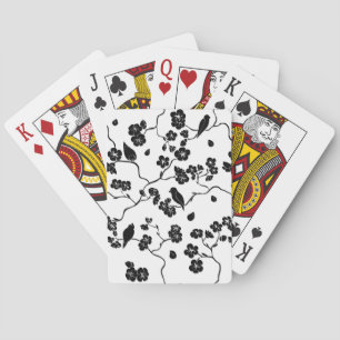 Black and White Pattern Birds on Cherry Blossoms Poker Cards