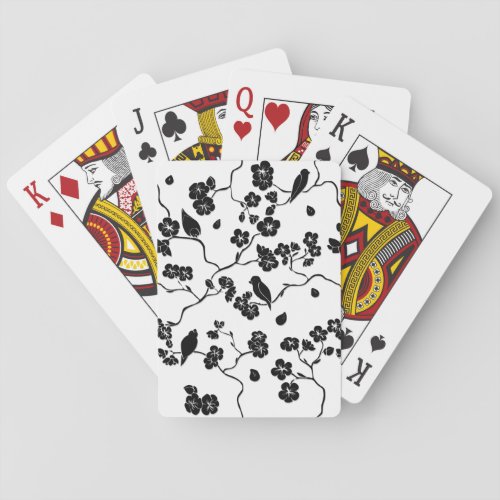 Black and White Pattern Birds on Cherry Blossoms   Poker Cards