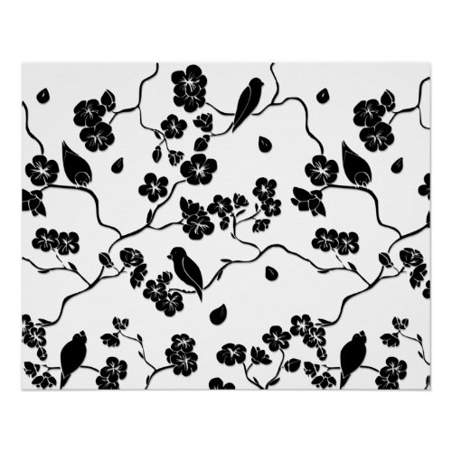Black and White Pattern Birds on Cherry Blossoms   Poster