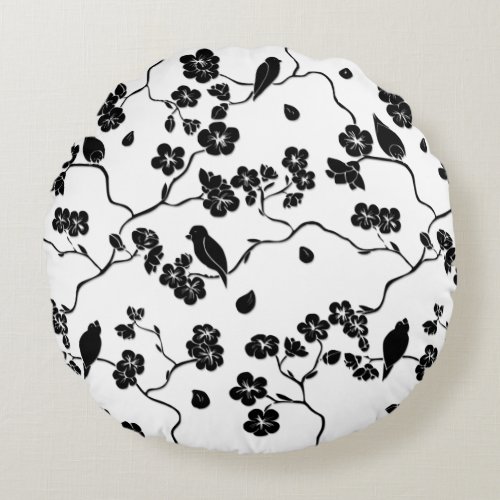 Black and White Pattern Birds on Cherry Blossoms   Round Pillow