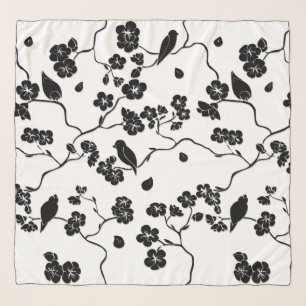 Black and White Pattern Birds on Cherry Blossoms Scarf