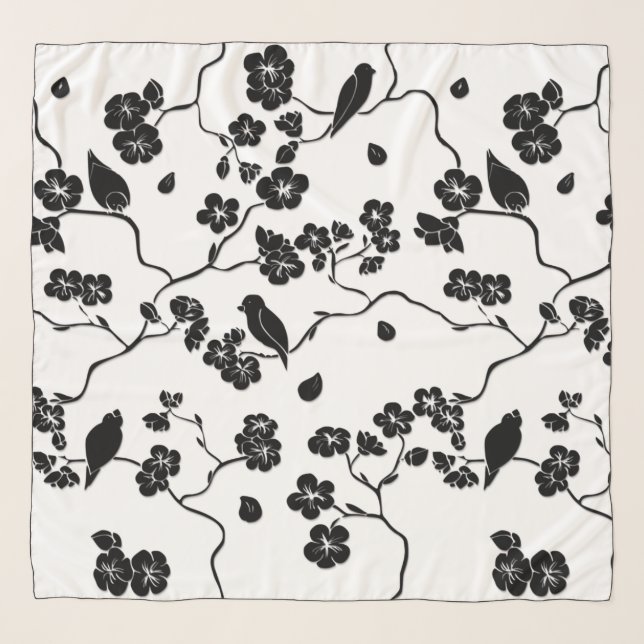 Black and White Pattern Birds on Cherry Blossoms   Scarf (Front)