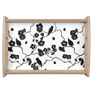 Black and White Pattern Birds on Cherry Blossoms Serving Tray