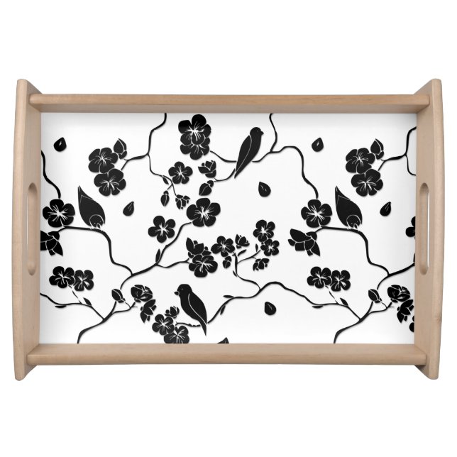 Black and White Pattern Birds on Cherry Blossoms Serving Tray (Front)