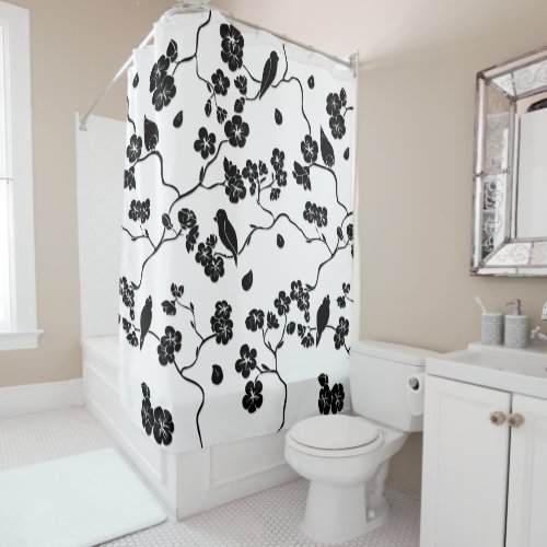 Black and White Pattern Birds on Cherry Blossoms Shower Curtain