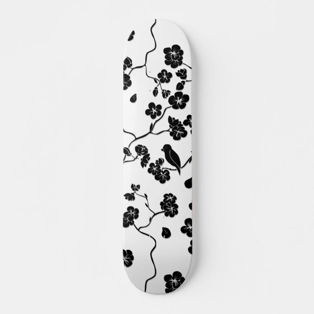 Black and White Pattern Birds on Cherry Blossoms Skateboard (Front)