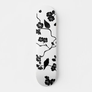 Black and White Pattern Birds on Cherry Blossoms Skateboard