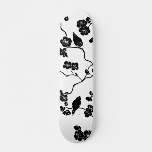 Black and White Pattern Birds on Cherry Blossoms   Skateboard