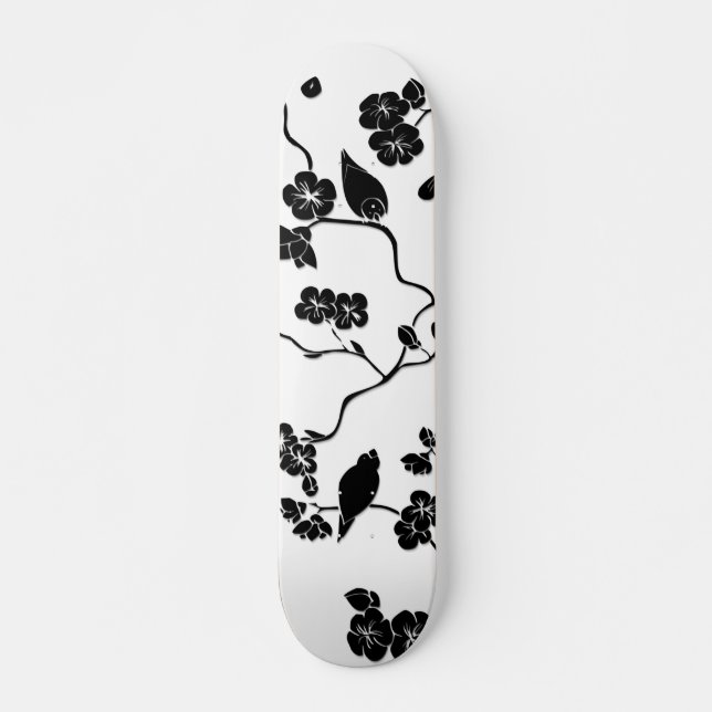 Black and White Pattern Birds on Cherry Blossoms   Skateboard (Front)