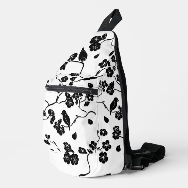 Black and White Pattern Birds on Cherry Blossoms   Sling Bag (Right Corner)