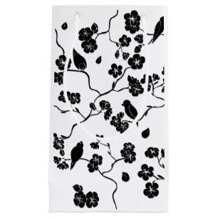 Black and White Pattern Birds on Cherry Blossoms   Small Gift Bag