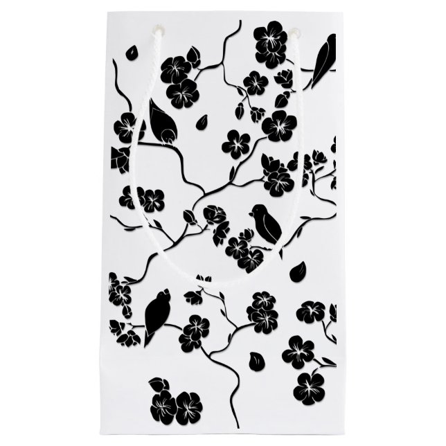 Black and White Pattern Birds on Cherry Blossoms   Small Gift Bag (Front)