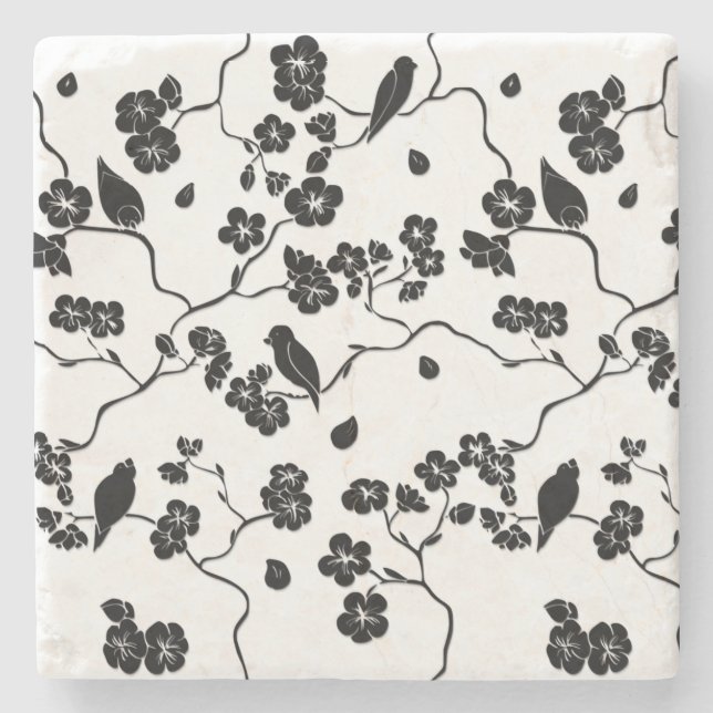 Black and White Pattern Birds on Cherry Blossoms Stone Coaster (Front)