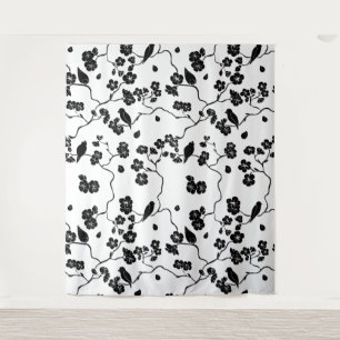Black and White Pattern Birds on Cherry Blossoms Tapestry