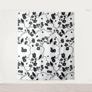 Black and White Pattern Birds on Cherry Blossoms Tapestry