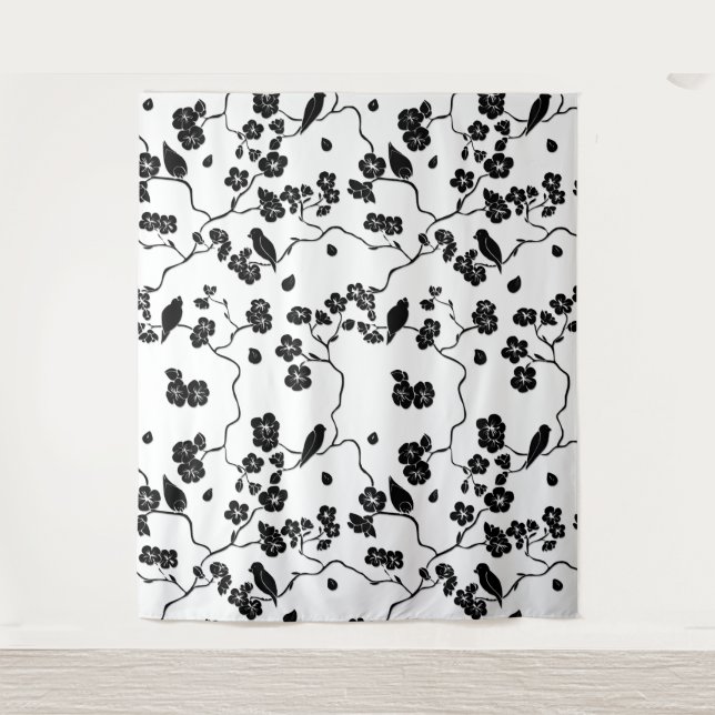 Black and White Pattern Birds on Cherry Blossoms   Tapestry (Front)
