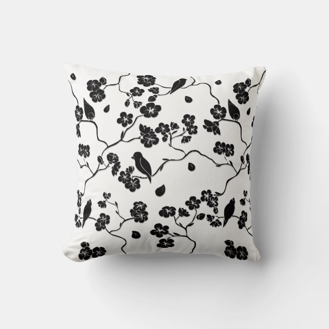 Black and White Pattern Birds on Cherry Blossoms Throw Pillow (Front)