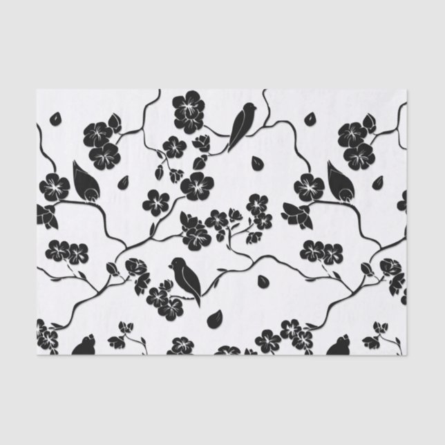Black and White Pattern Birds on Cherry Blossoms Tissue Paper (Front)