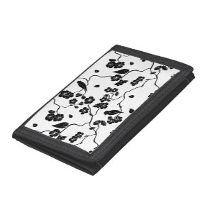 Black and White Pattern Birds on Cherry Blossoms Tri-fold Wallet