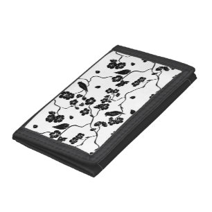 Black and White Pattern Birds on Cherry Blossoms Trifold Wallet
