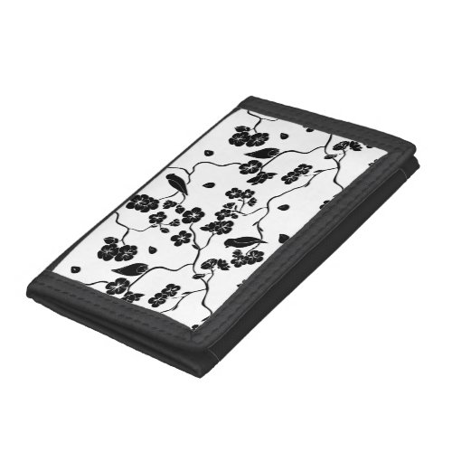 Black and White Pattern Birds on Cherry Blossoms   Trifold Wallet