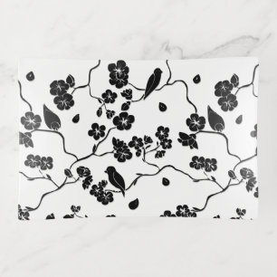 Black and White Pattern Birds on Cherry Blossoms Trinket Tray