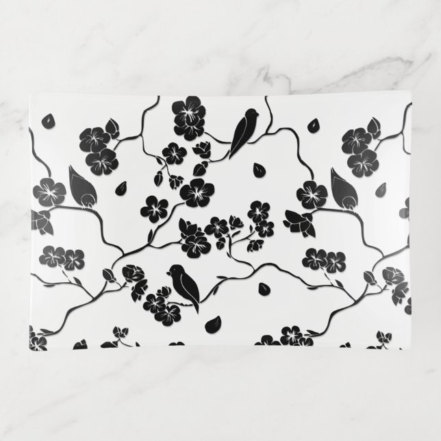 Black and White Pattern Birds on Cherry Blossoms Trinket Tray (Front)