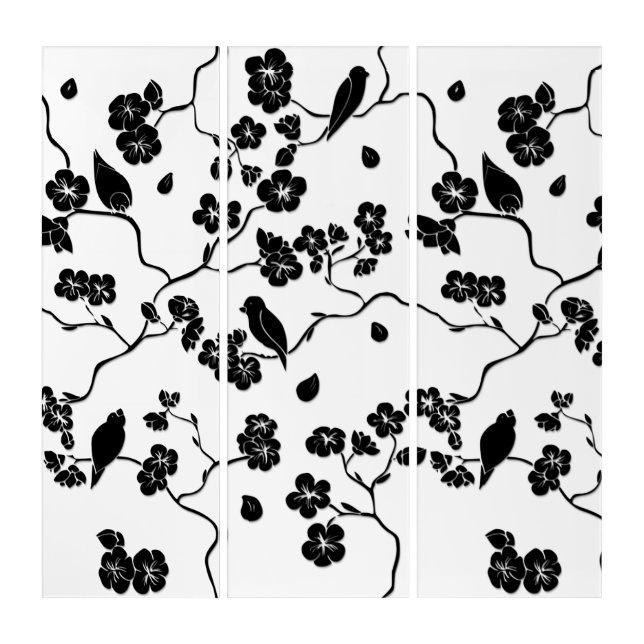 Black and White Pattern Birds on Cherry Blossoms Triptych (Front)