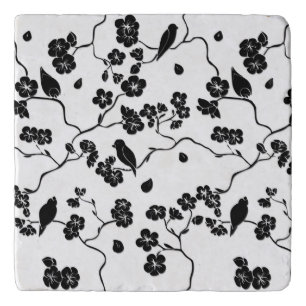 Black and White Pattern Birds on Cherry Blossoms Trivet