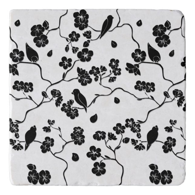 Black and White Pattern Birds on Cherry Blossoms Trivet (Front)