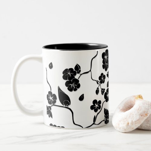 Black and White Pattern Birds on Cherry Blossoms Two_Tone Coffee Mug