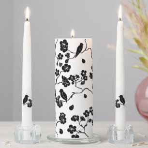 Black and White Pattern Birds on Cherry Blossoms Unity Candle Set