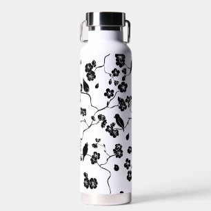 Black and White Pattern Birds on Cherry Blossoms Water Bottle