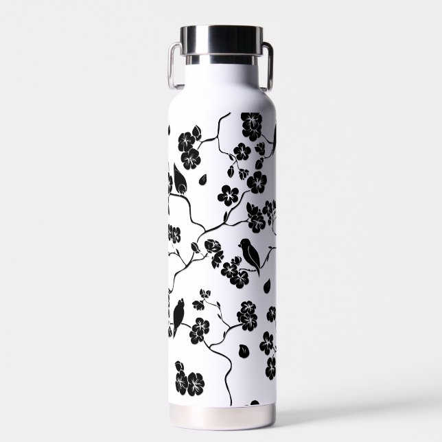 Black and White Pattern Birds on Cherry Blossoms   Water Bottle (Front)