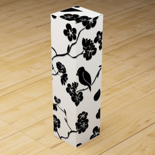 Black and White Pattern Birds on Cherry Blossoms Wine Box