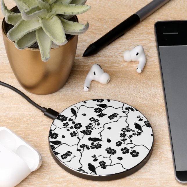 Black and White Pattern Birds on Cherry Blossoms   Wireless Charger (Desk 2)