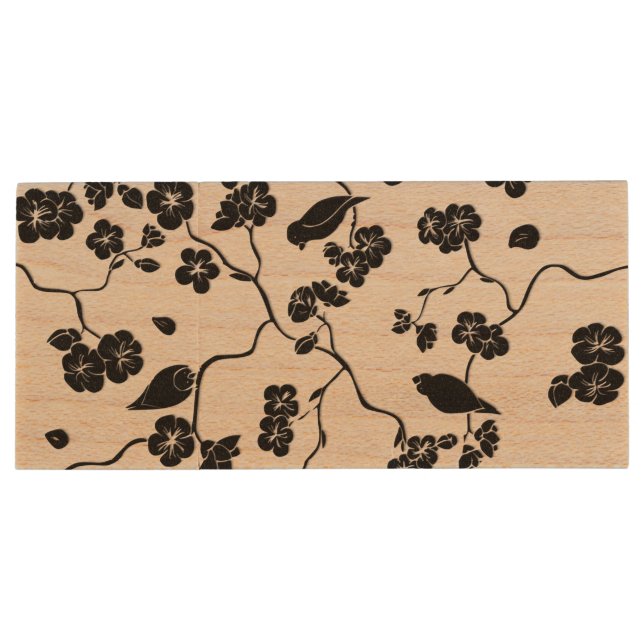 Black and White Pattern Birds on Cherry Blossoms   Wood Flash Drive (Back)
