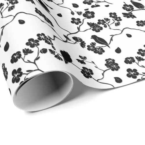 Black and White Pattern Birds on Cherry Blossoms Wrapping Paper