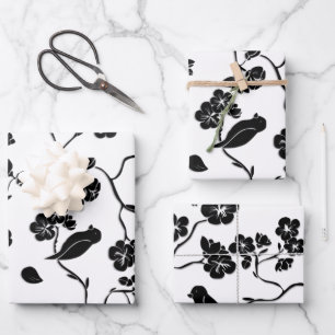 Black and White Pattern Birds on Cherry Blossoms   Wrapping Paper Sheets