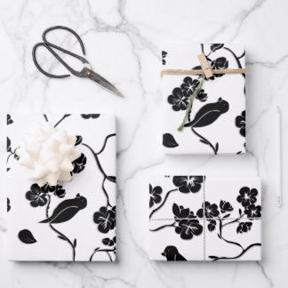 Black and White Pattern Birds on Cherry Blossoms   Wrapping Paper Sheets