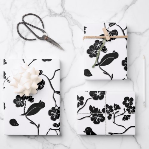 Black and White Pattern Birds on Cherry Blossoms   Wrapping Paper Sheets