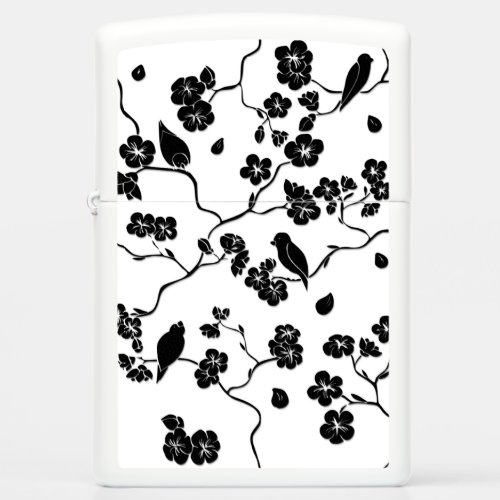 Black and White Pattern Birds on Cherry Blossoms Zippo Lighter