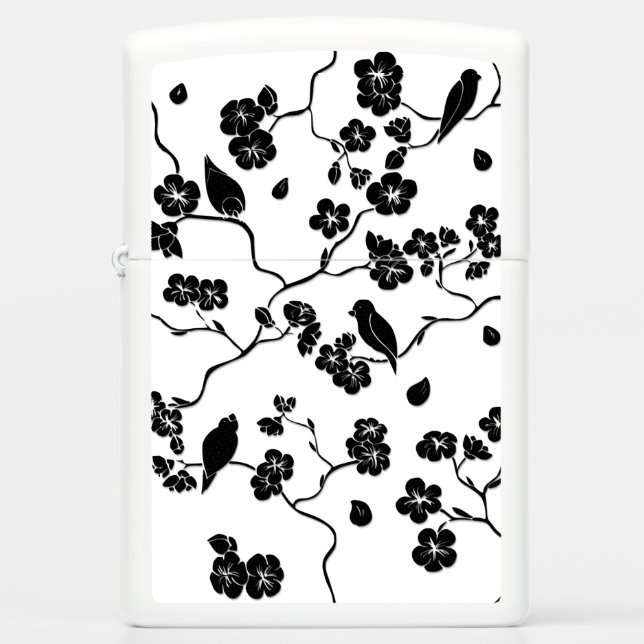 Black and White Pattern Birds on Cherry Blossoms Zippo Lighter (Front)