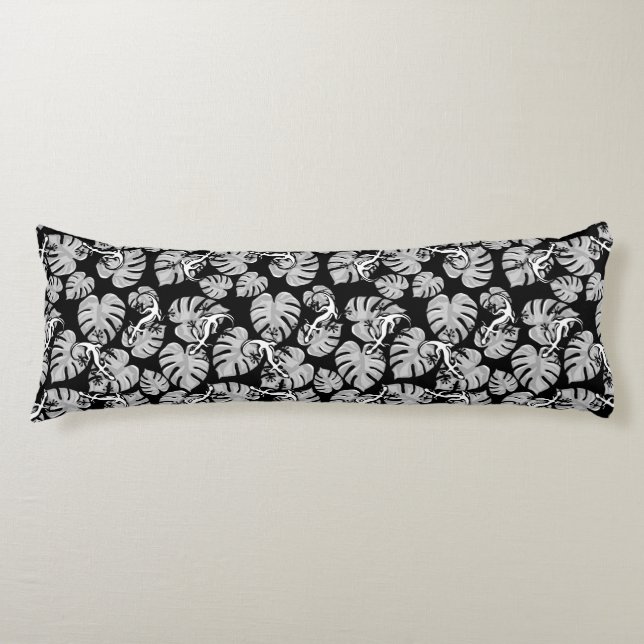 Black And White Pattern - Geckos And Leaves Body Pillow (Front)