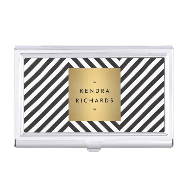 Black and White Pattern Gold Name Biz Card Holder (Front)