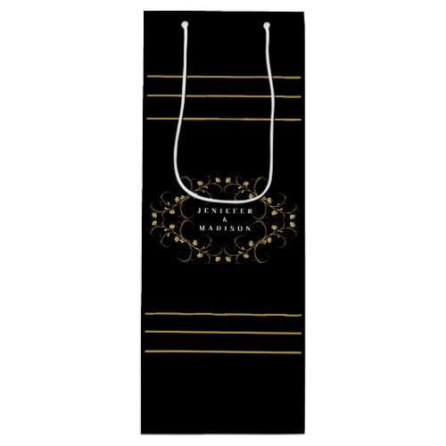 Black and White Pattern Gold Name Logo Wine Gift Bag
