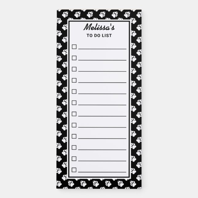 Black And White Pattern Of Paws To Do Checklist Magnetic Notepad (Front)