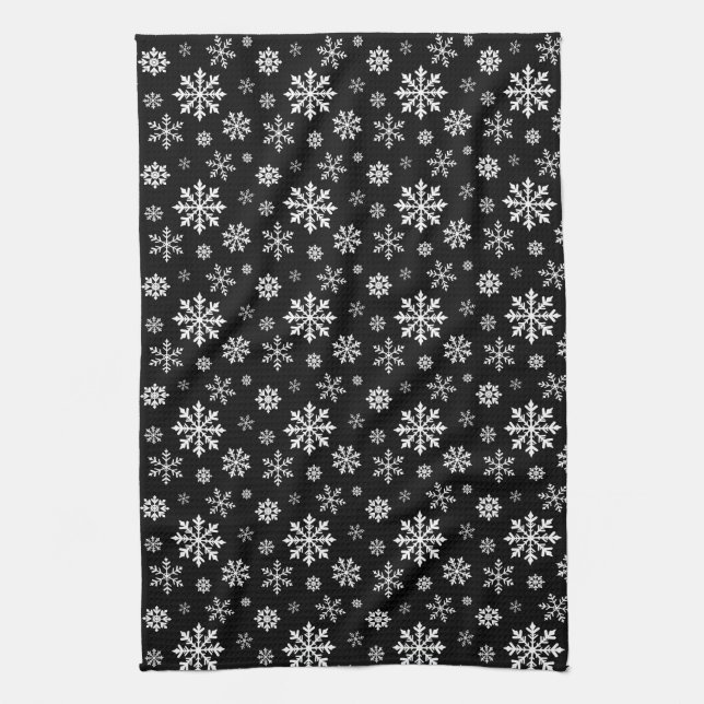 Black And White Pattern Of Winter Snowflakes Kitchen Towel (Vertical)
