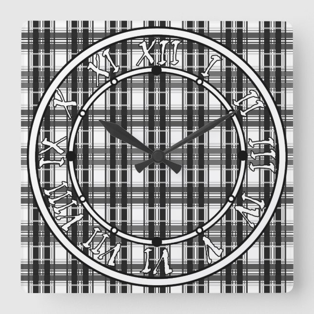 Black and white pattern Tartan geometry checkered Square Wall Clock (Front)