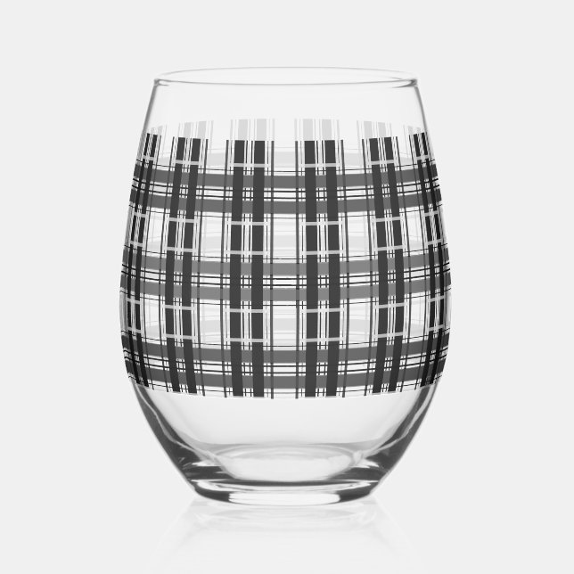 Black and white pattern Tartan geometry checkered Stemless Wine Glass (Front)